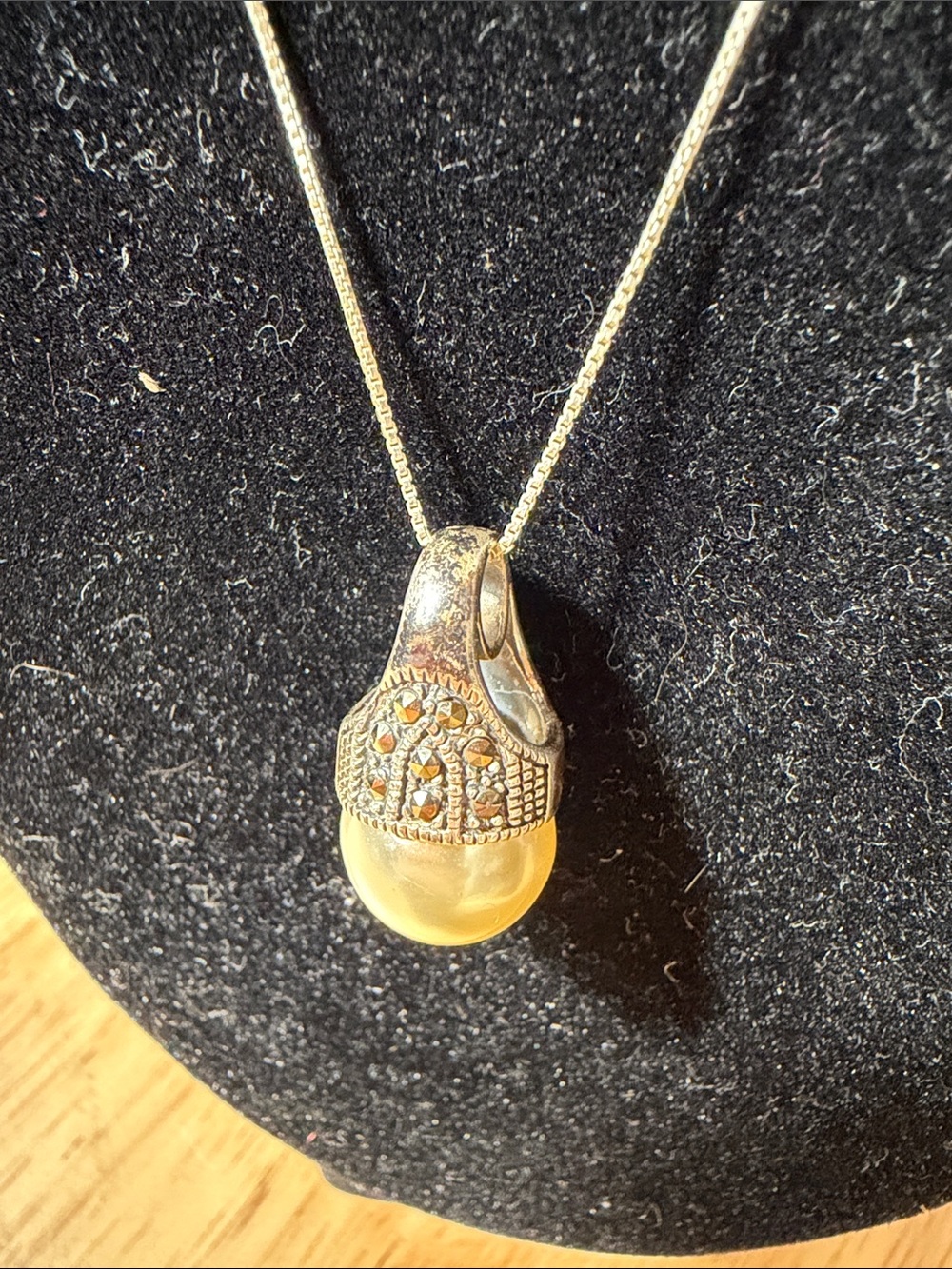 Sterling Silver 925 Italy Marcasite Pearl Drop Pendant Necklace Art Deco Vintage